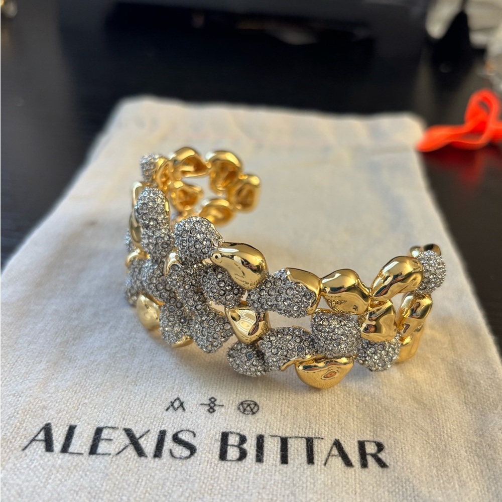 Alexis Bittar Gold and Crystal Pavé Linked Open Cuff Braceletz - Picture 10 of 13